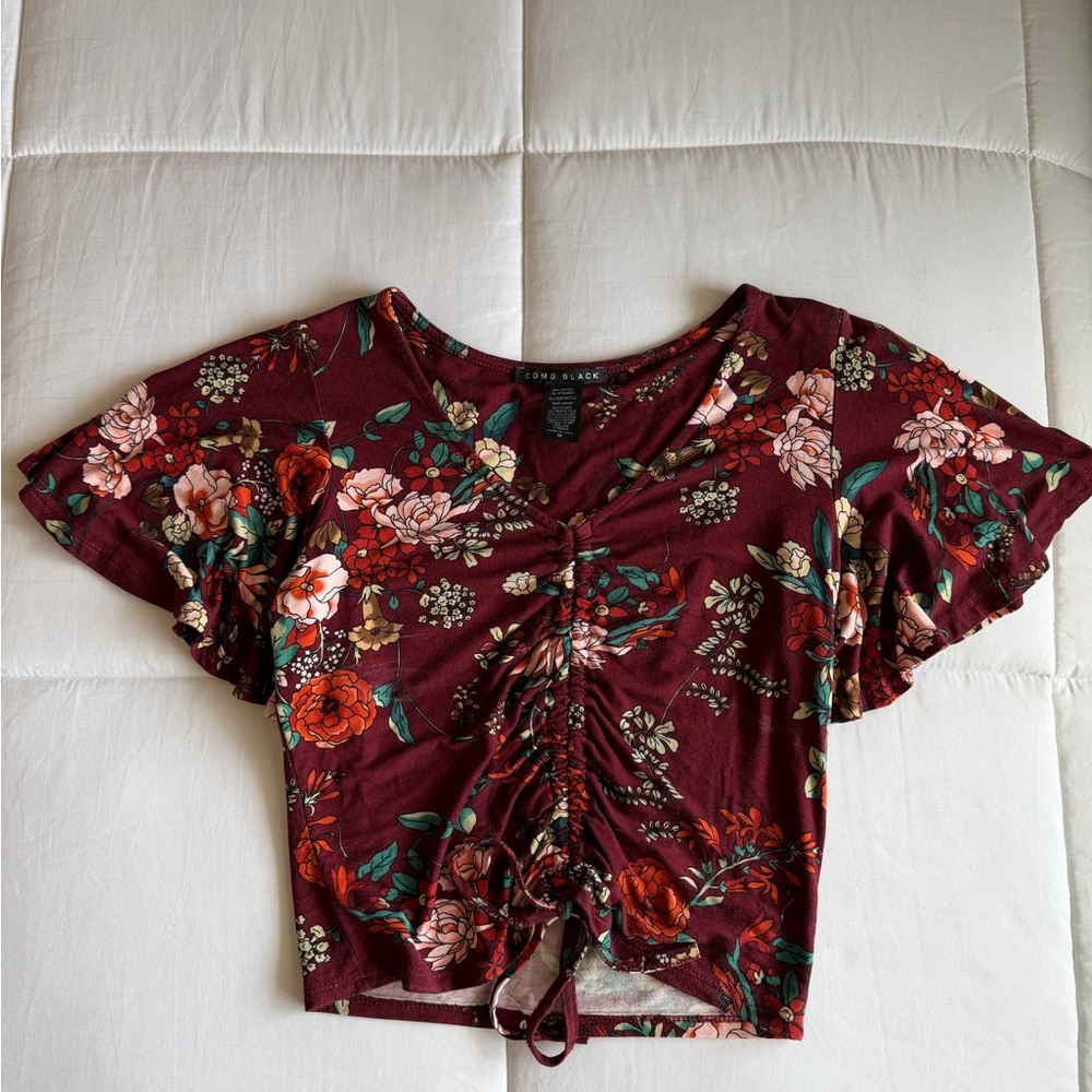 Burgundy Floral Ruched V-Neck Crop Top